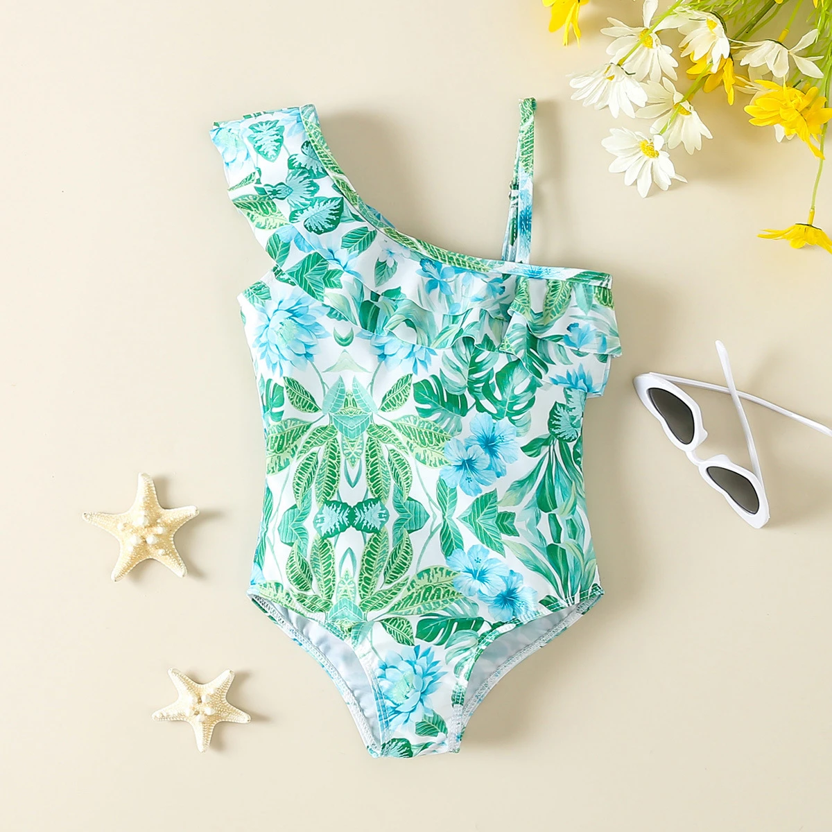 Maillot de bain  Fille une pièce à volants motif tropical